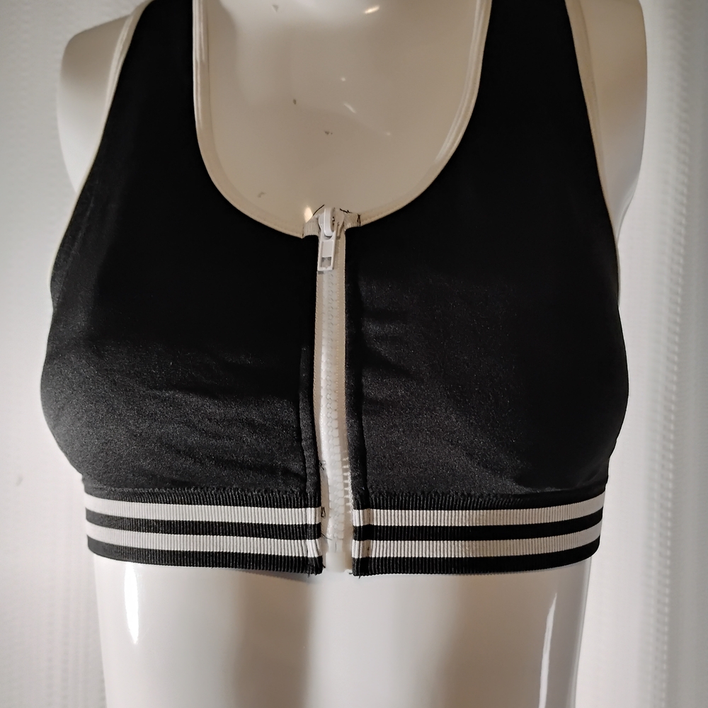 Women's Black and White Zip-Front Sports Bra